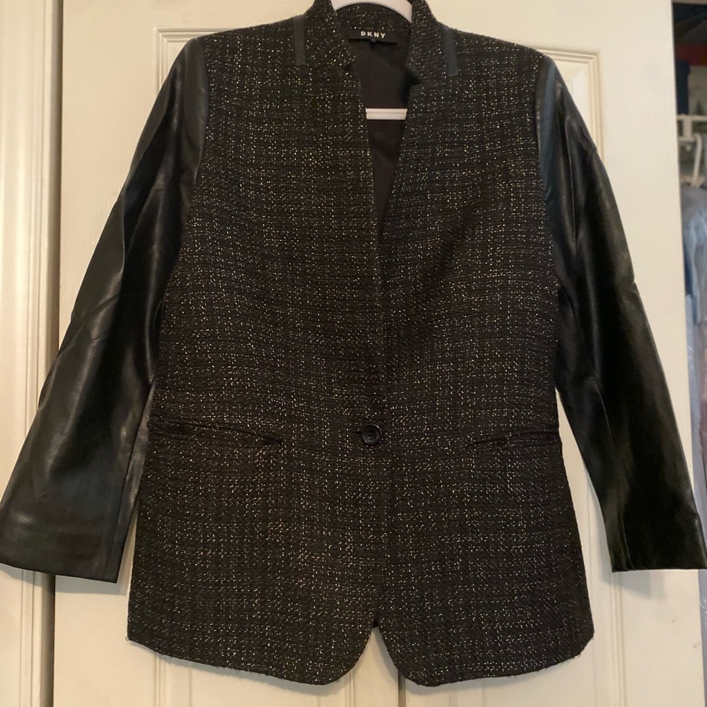 DKNY Black Tweed Blazer with Leather Sleeves